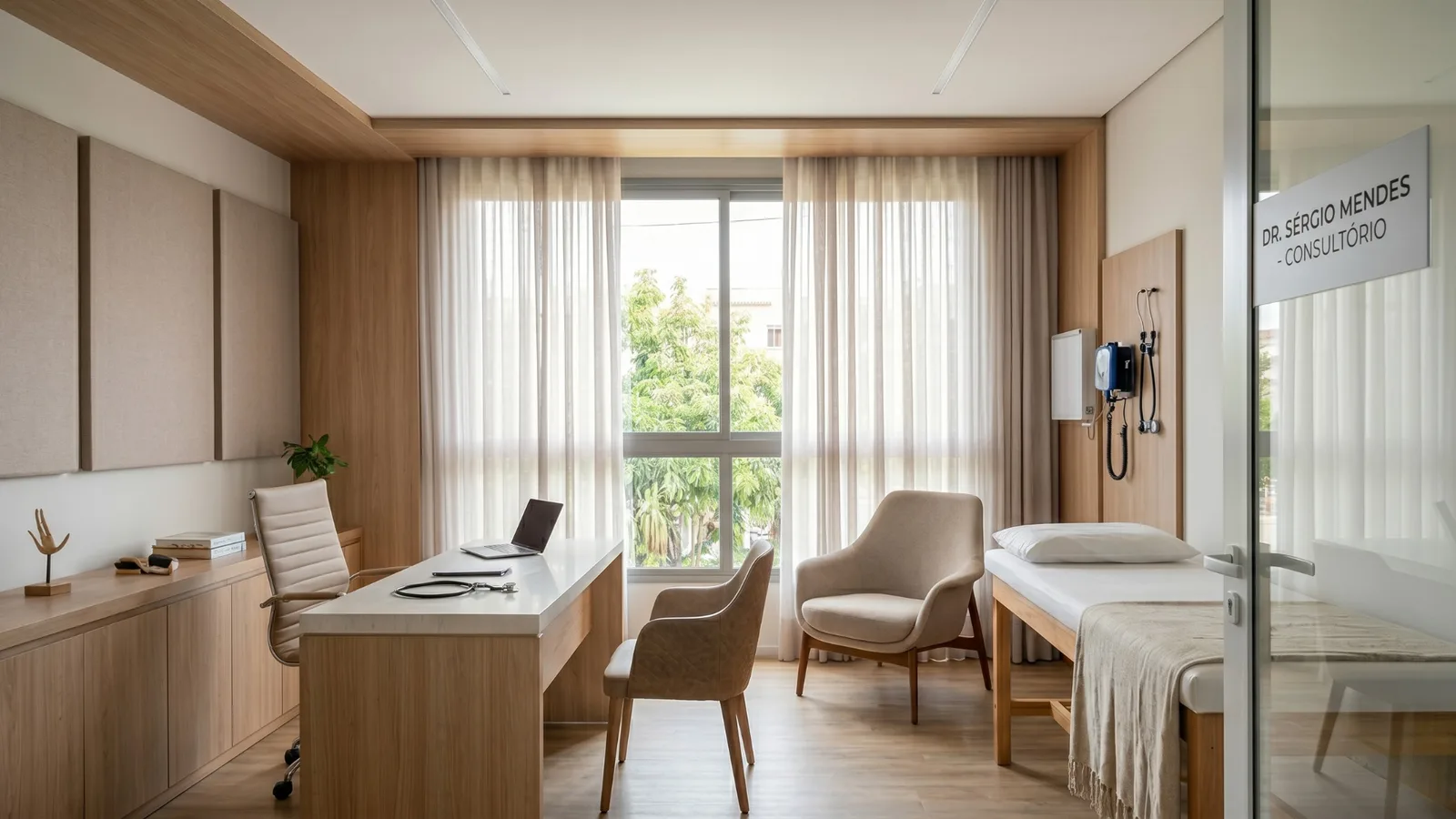 Interior de clínica moderna projetada por Fabia Mello